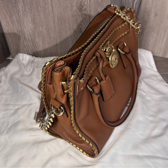 Michael Kors Hamilton Satchel Brown Leather Gold Chain Whipped Trim Classic Tote - Picture 8 of 11